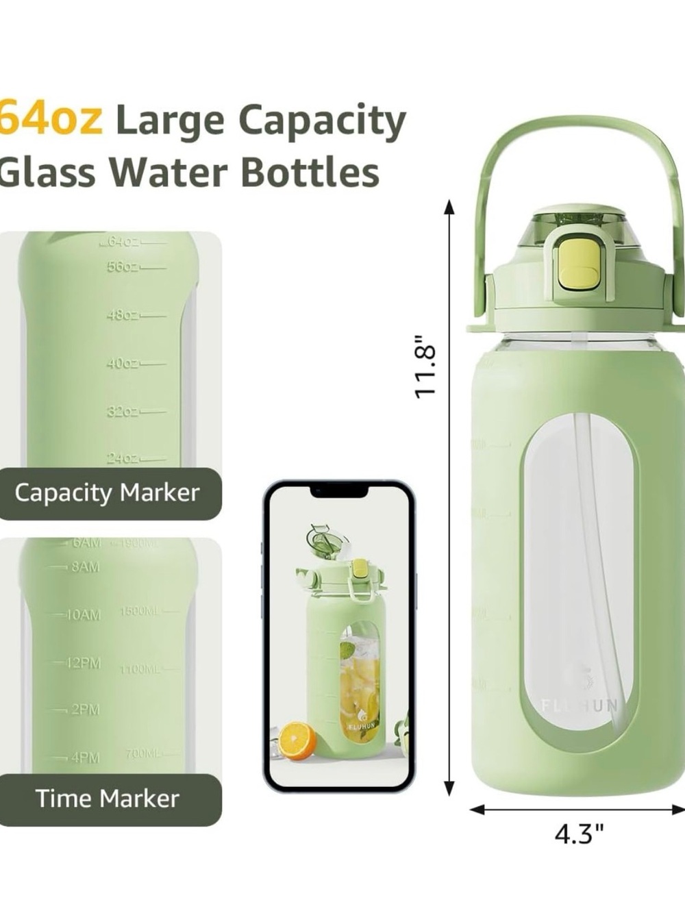 64 fl oz Wide Mouth Glass Water Bottle Green Silicone Sleeve, Flip-Top, Straw